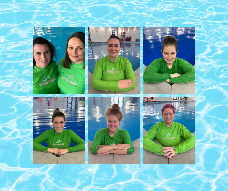 A collage of images of baby and toddler swim teachers from Turtle Tots Northamptonshire. They are wearing their green Turtle Tots tops.